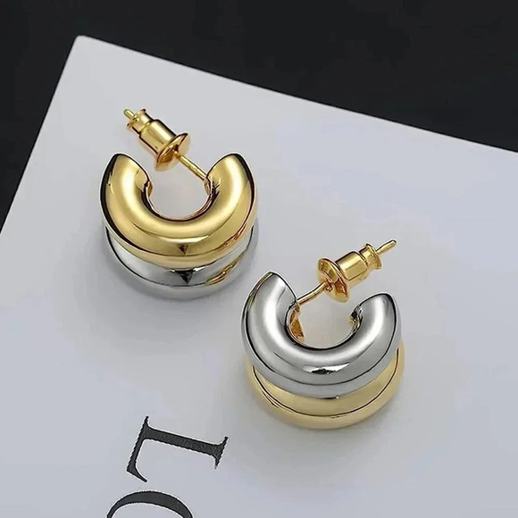 Gold Preppy Women's Two-Tone Plated 18K Hoop Earrings - Picture 2 of 7